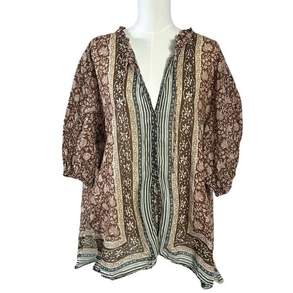 Free People Bohemian Retro 70s Border Batik Button Down Kimono Shirt Medium - Picture 5 of 13